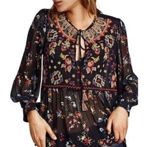 ZARA Woman | Semi-Sheer Black Floral Embroidered Top - Boho Chic - Romantic